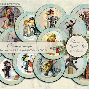 Little Chimney Sweeps circles 3 inch. PRINTABLE, Vintage card on ivory and blue background
