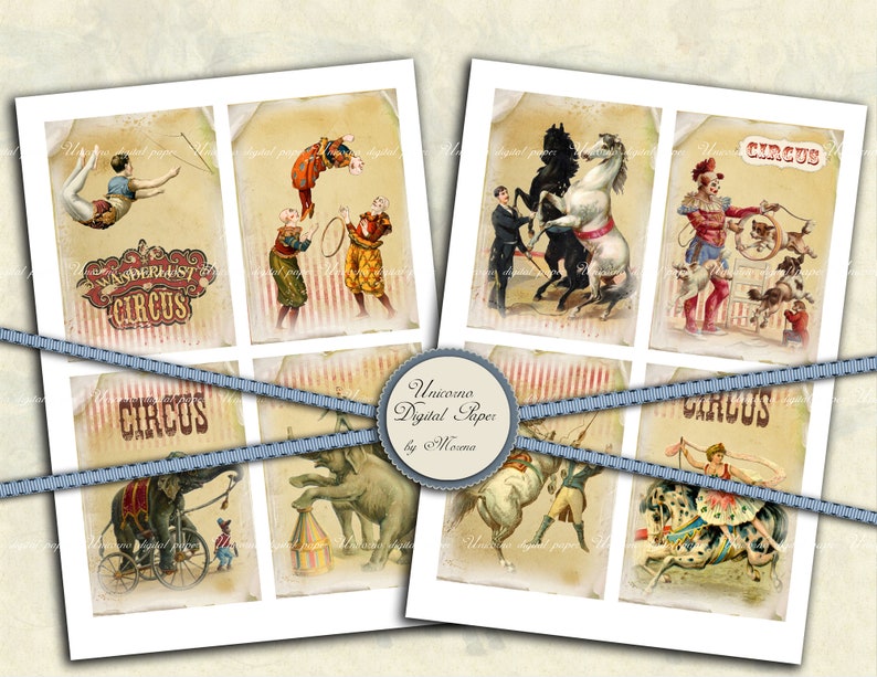 K&ouml;nnte beinhalten: Ein Satz von acht digitalen Vintage-Zirkuspapieren mit Bildern von Clowns, Elefanten, Pferden und Akrobaten. Die Papiere haben einen abgenutzten, antiken Look und sind perfekt f&uuml;r Scrapbooking, Kartenherstellung und andere Bastelprojekte.