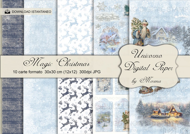 May include: A set of 10 digital papers featuring a winter wonderland theme. The papers include a blue and white patterned design with snowflakes and reindeer, a blue and white patterned design with a winter village scene, and a blue and white patterned design with a Santa Claus carrying a Christmas tree.