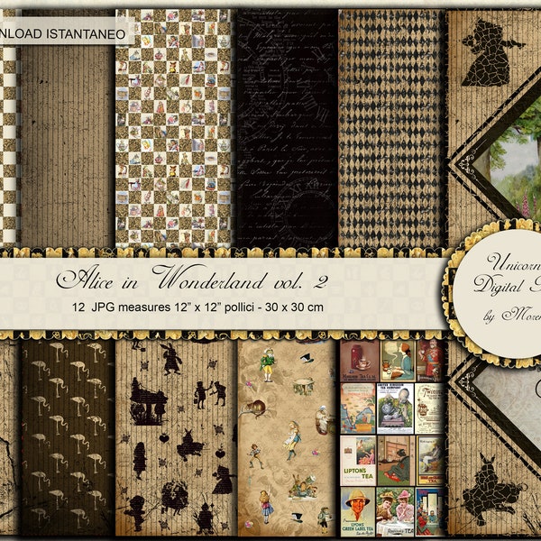 Alice's Adventure in Wonderland, Digital Paper pack, Kit per Scrapbooking, Carte per scrapbook, Stampa Poster