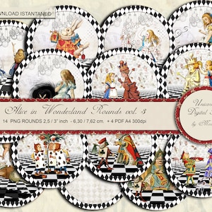 ALICE in wonderland, Tondi Carta digitale, Carte per scrapbook, Etichette, vintage