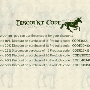 May include: A green unicorn illustration with a text overlay that reads "DISCOUNT CODE". The text below the illustration provides discount codes for purchases of 5, 10, 15, 20, 40, and 50 products.