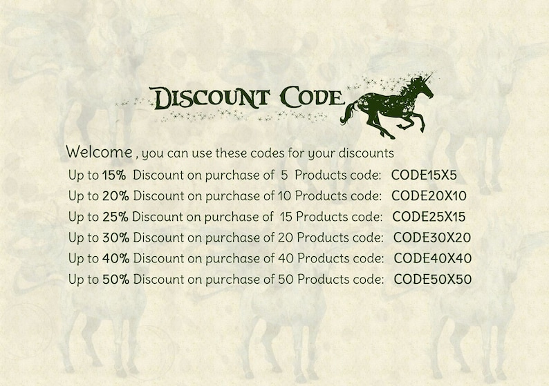 May include: A green unicorn illustration with a text overlay that reads "DISCOUNT CODE". The text below the illustration provides discount codes for purchases of 5, 10, 15, 20, 40, and 50 products.