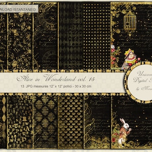 ALICE'S Adventures in Wonderland, Black and Gold Digital Paper pack 12x12 scrapbook, printable paper, wall art prints