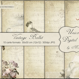 Può includere: Un set di 10 carte digitali con immagini vintage di balletto e cigni. Le carte sono di 30,5 cm x 30,5 cm e 300 dpi. Le carte sono di colore beige chiaro con una texture vintage. Le carte presentano immagini di ballerine, cigni, fiori e note musicali.