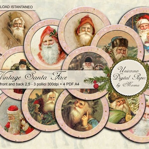 Victorian Santa Claus Face, Pink Santa, Tag tonde stampabili fronte e retro, decorate su fondo avorio e rosa dorato