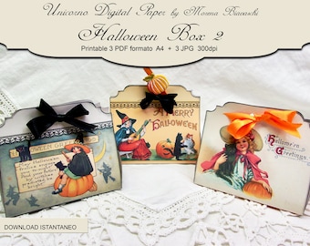 May include: Three printable Halloween box designs featuring vintage illustrations of a witch playing a lute, a girl with a black cat, and a girl with a pumpkin. The text on the boxes reads "A Merry Halloween", "Halloween Greetings", and "May Hallows'en"