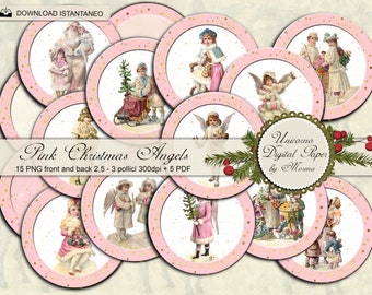 Pink Christmas Angels rounds, 15 printable Circles 2,5 / 3 inch, journaling, Scrapbook, round collage sheet, bottle cap images