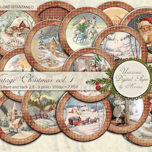 VINTAGE CHRISTMAS, Bedruckbare runde Tags vorne und hinten, verziert auf elfenbeinfarbenem Hintergrund und schottischem Rahmen