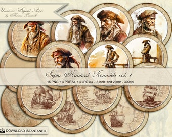 Sepia vintage effect nautical roundels, Tag and Circles 3 and 2 inches, round collage sheets, Journal sticker