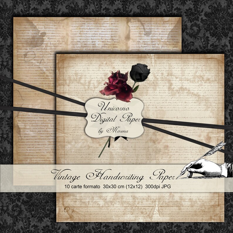 May include: Vintage digital paper pack with a distressed, aged paper background. The paper features a black ribbon, a black and red rose, and a quill pen. The text on the paper reads "Unicorno Digital Paper by Morena" and "Vintage Handwriting Paper 10 carte formato 30x30 cm (12x12) 300dpi JPG".