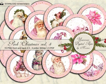 Pink Christmas rounds, 15 printable Circles 2,5 / 3 inch, journaling, Scrapbook, round collage sheet, bottle cap images