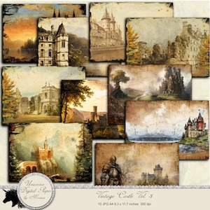 VINTAGE CASTLE VOL. 3 - 20 jpg files, carta digitale stampabile, Carte per scrapbook in stile antico, Castelli e paesaggi medievali