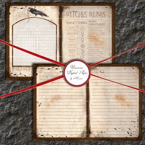 May include: A digital paper pack with a vintage aesthetic featuring a witch's rune chart with planetary symbols and magic correspondences. The paper has a brown border and a distressed texture. The text reads "Witches Runes", "Planet Symbol", "Magic Correspondence", "Sun", "Mercury", "Venus", "Earth", "Moon", "Mars", "Sunday", "Wednesday", "Friday", "Monday", "Tuesday", "Thursday", "Unicorno Digital Paper by Morena".