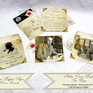 ARTHUR CONAN DOYLE,  individual tea bags, tea bag paper, tea party, digital paper, tea envelope, printable