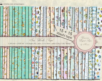 Sea life Printable Washi Tape, Strips and borders, 30 designs, Digital Download Washi Tape