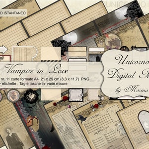 May include: A digital paper pack with a gothic theme. The pack includes 11 cards in A4 format, 21 x 29 cm (8.3 x 11.7) PNG, plus tags, labels, and pockets in various sizes. The pack features a black and white illustration of a vampire with the text "Vampire in Love".