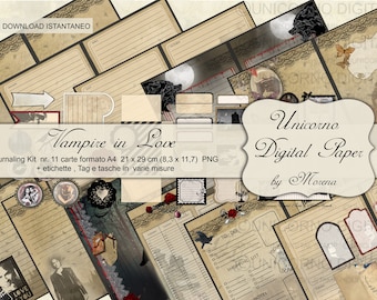 May include: A digital paper pack with a gothic theme. The pack includes 11 cards in A4 format, 21 x 29 cm (8.3 x 11.7) PNG, plus tags, labels, and pockets in various sizes. The pack features a black and white illustration of a vampire with the text "Vampire in Love".