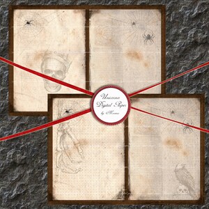 May include: Two digital paper backgrounds with a vintage, distressed look. One features a skull with a crown and a spider web with a spider. The other features a skeleton hand and a bird with a skull. The text "Unicorn Digital Paper by Misoma" is in a red circle.