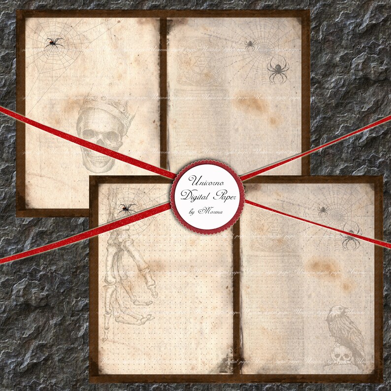May include: Two digital paper backgrounds with a vintage, distressed look. One features a skull with a crown and a spider web with a spider. The other features a skeleton hand and a bird with a skull. The text "Unicorn Digital Paper by Misoma" is in a red circle.