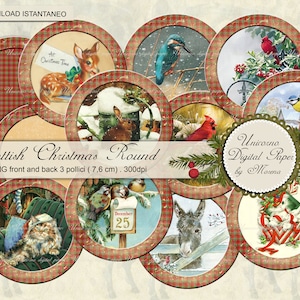 Scottish Christmas Round 3 inch. printable, Set of 12 digital collage sheet