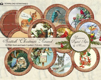Scottish Christmas Round 3 inch. printable, Set of 12 digital collage sheet