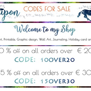 May include: A colorful coupon code graphic with a unicorn illustration. The text reads "Coupon Codes for Sale" and "Welcome to my Shop". The coupon offers 10% off orders over &euro;20 with code "100VER20" and 15% off orders over &euro;30 with code "150VER30".