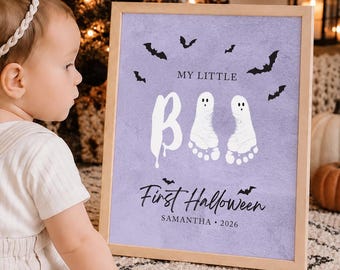 My Little Boo First Halloween Footprint Wall Art - Baby DIY Personalized Keepsake Print with Custom Name & Year (Digital Download) Purple 1A
