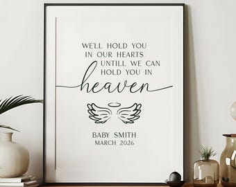 Memorial Art Print, We'll hold you in our hearts until we can hold you in Heaven, Personalized memorial, Custom name date, Downloadable File