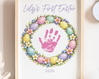 Easter Handprint Egg wreath Wall Art, Easter DIY Personalized Keepsake Print with Custom Name & Year (Digital Download)