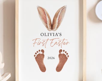 Footprint First Easter Bunny Ears Wall Art, First Easter DIY Personalized Keepsake Print with Custom Name & Year (Digital Download)