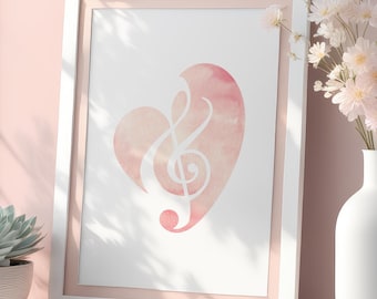 Pink Treble Clef Heart Wall Art Print Digital Download - Music Lover Gift - Musician Present - Musical Decor - Song Print Recording Studio