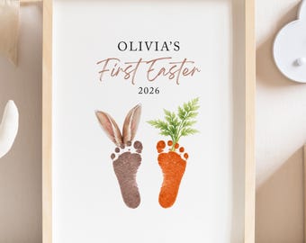 Footprint First Easter Bunny and Carrot Wall Art, First Easter DIY Personalized Keepsake Print with Custom Name & Year (Digital Download)