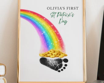 Footprint Rainbow Pot of Gold Wall Art, First St Patrick's day DIY Personalized Keepsake Print with Custom Name & Year (Digital Download)