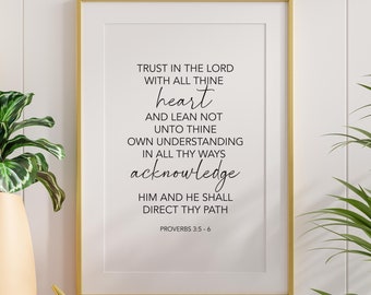Zaufaj Panu całym sercem Wydruk na ścianę Cyfrowe pobieranie - Księga Przysłów 3:5-6 Werset biblijny Pismo Święte Chrześcijański cytat biblijny Znak