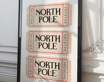 North Pole Ticket Print, Digital Download, Red Christmas Wall Art Decor, Fun Funky Christmas Art, Trendy Christmas Prints, Holiday Decor 01