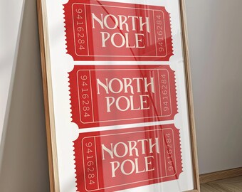North Pole Ticket Print, Digital Download, Red Christmas Wall Art Decor, Fun Funky Christmas Art, Trendy Christmas, Unique Holiday Decor 05