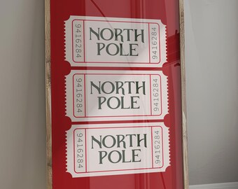 North Pole Ticket Print, Digital Download, Red Christmas Wall Art Decor, Trendy Christmas Prints, Classic Christmas, Holiday Decor Poster 03