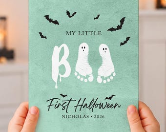 My Little Boo First Halloween Footprint Wall Art - Baby DIY Personalized Keepsake Print with Custom Name & Year (Digital Download) Green 1A