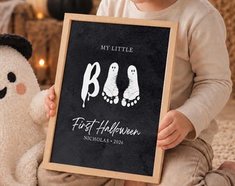 My Little Boo First Halloween Footprint Wall Art - Baby DIY Personalized Keepsake Print with Custom Name & Year (Digital Download) Black 1A
