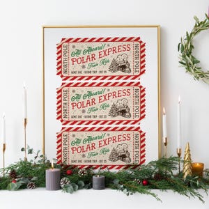 This, Polar Express Train Ticket to the North Pole Wall Art Print is a Printable Digital Download. A Classic  and Trendy Christmas decor in red green and dark brown. 8x10, 11x14, 16x20,  24x30, A1 A2 A3 A4 A5 A6 24x36 16x24 20x30 18x24 24x32