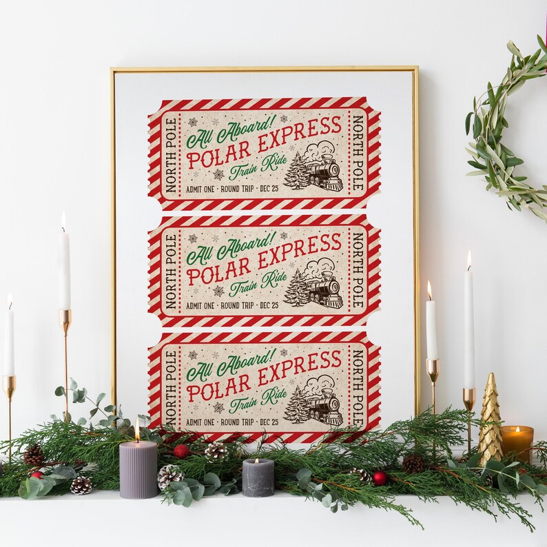 This, Polar Express Train Ticket to the North Pole Wall Art Print is a Printable Digital Download. A Classic  and Trendy Christmas decor in red green and dark brown. 8x10, 11x14, 16x20,  24x30, A1 A2 A3 A4 A5 A6 24x36 16x24 20x30 18x24 24x32