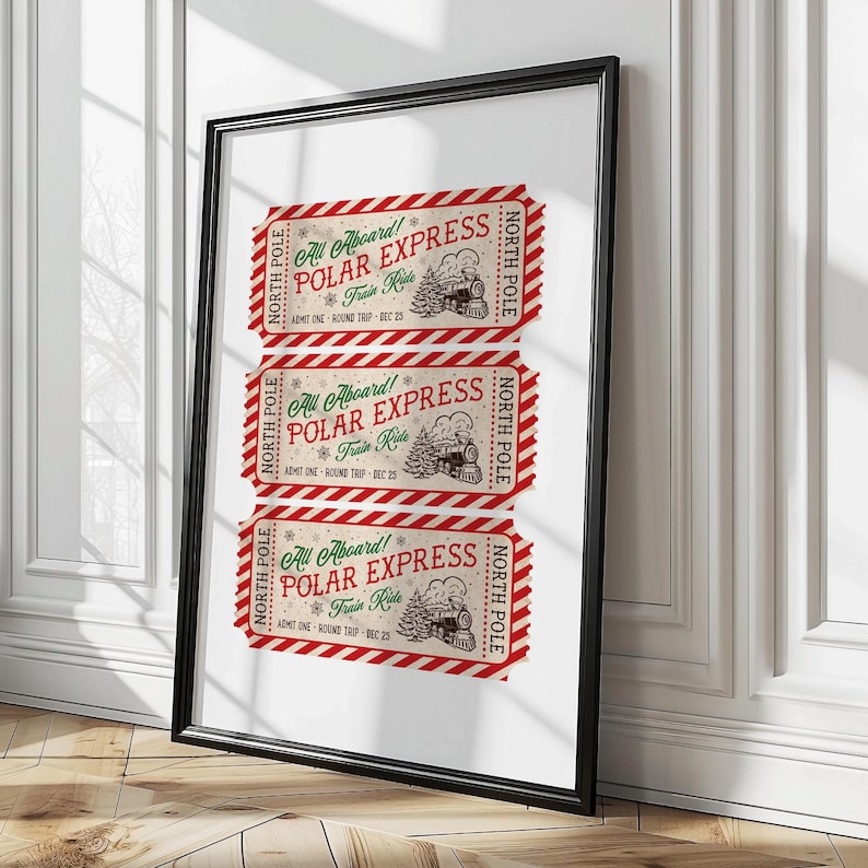 This, Polar Express Train Ticket to the North Pole Wall Art Print is a Printable Digital Download. A Classic  and Trendy Christmas decor in red green and dark brown. 8x10, 11x14, 16x20,  24x30, A1 A2 A3 A4 A5 A6 24x36 16x24 20x30 18x24 24x32