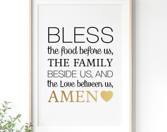 Bless the Food Before Us Wall Art Print Digital Download - Black Gold Kitchen Decor - Food Lover Gift - Dining Room Art - Printable Poster