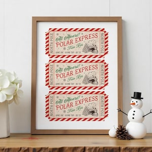 This, Polar Express Train Ticket to the North Pole Wall Art Print is a Printable Digital Download. A Classic  and Trendy Christmas decor in red green and dark brown. 8x10, 11x14, 16x20,  24x30, A1 A2 A3 A4 A5 A6 24x36 16x24 20x30 18x24 24x32
