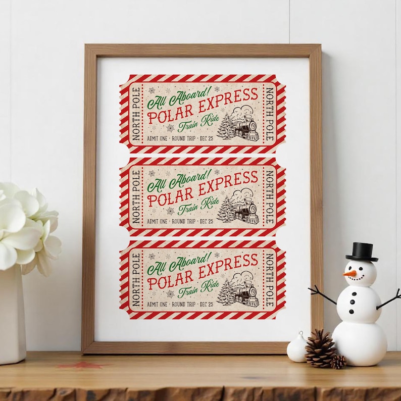 This, Polar Express Train Ticket to the North Pole Wall Art Print is a Printable Digital Download. A Classic  and Trendy Christmas decor in red green and dark brown. 8x10, 11x14, 16x20,  24x30, A1 A2 A3 A4 A5 A6 24x36 16x24 20x30 18x24 24x32