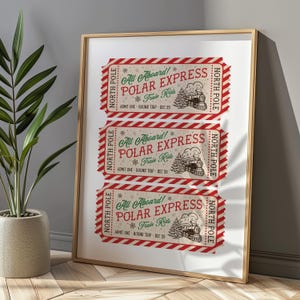 This, Polar Express Train Ticket to the North Pole Wall Art Print is a Printable Digital Download. A Classic  and Trendy Christmas decor in red green and dark brown. 8x10, 11x14, 16x20,  24x30, A1 A2 A3 A4 A5 A6 24x36 16x24 20x30 18x24 24x32