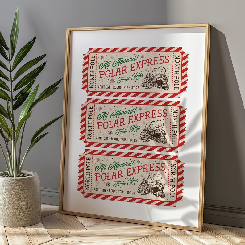 This, Polar Express Train Ticket to the North Pole Wall Art Print is a Printable Digital Download. A Classic  and Trendy Christmas decor in red green and dark brown. 8x10, 11x14, 16x20,  24x30, A1 A2 A3 A4 A5 A6 24x36 16x24 20x30 18x24 24x32