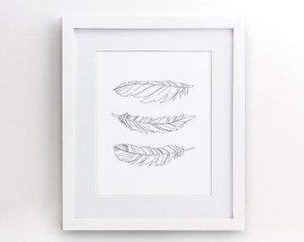 Black Feather Print- Three Feathers Print - Black and White - Downloadable Printable Wall Art Poster Sign - 4x6 5x7 8x10 8.5x11 11x17 16x20
