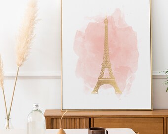 Eiffel Tower in Faux Gold with Pink Watercolor Digital Download - Printable Wall Art - Paris Print - Paris France Art - Famous Monuments